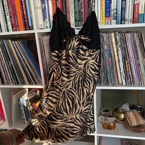 Kathy Ireland Cheetah Print Slip Dress with Black Lace